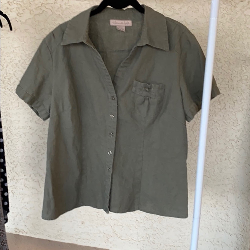 Linen with Love army green short sleeve blouse